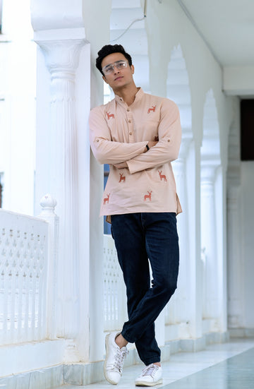 Peach Embroidered Cotton Kurta